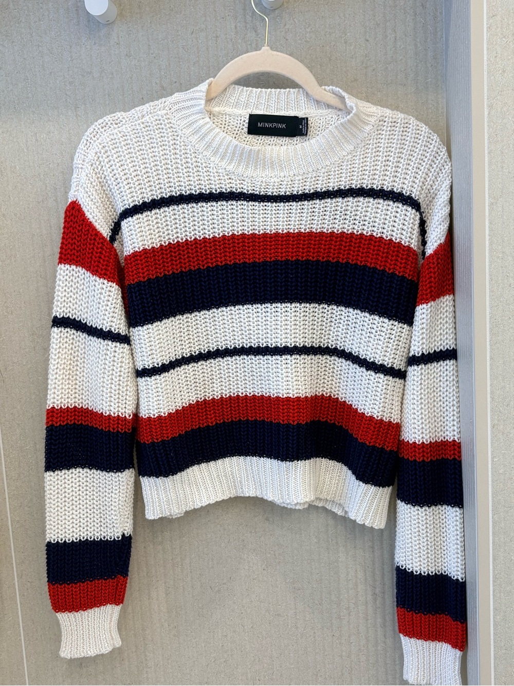 MINKPINK White Knit Crew Sweater with Red & Navy Stripes